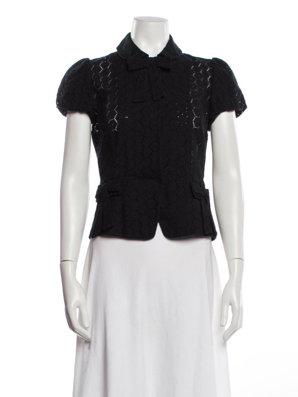 Blumarine Black Short-Sleeve Cropped Lace Blouse with Bow Collar